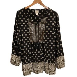 Chico’s Boho Sequin Blouse Floral Print White/Black Long Sleeve